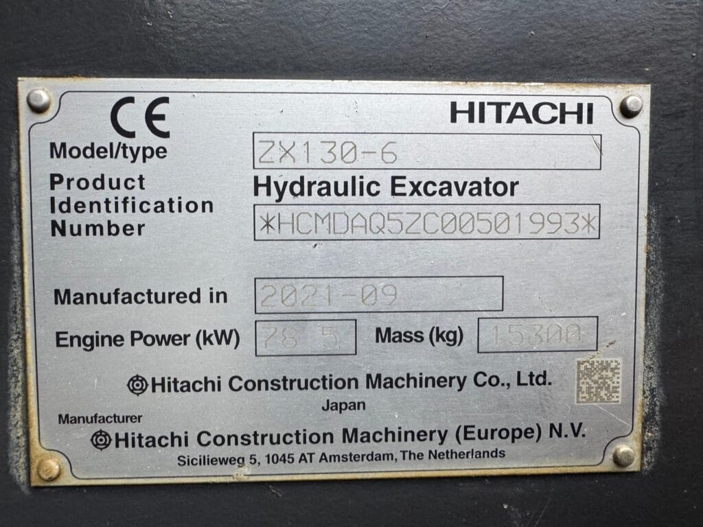 Hitachi ZX130-6 hydraulic excavator identification plate