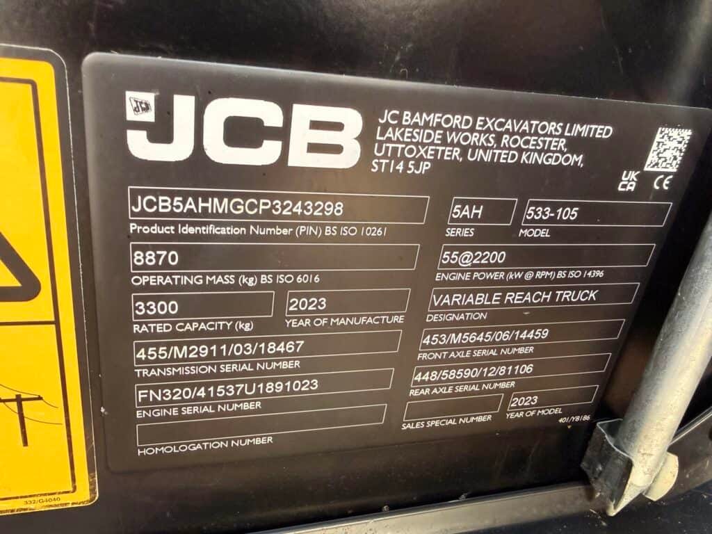 JCB variable reach truck identification plate details