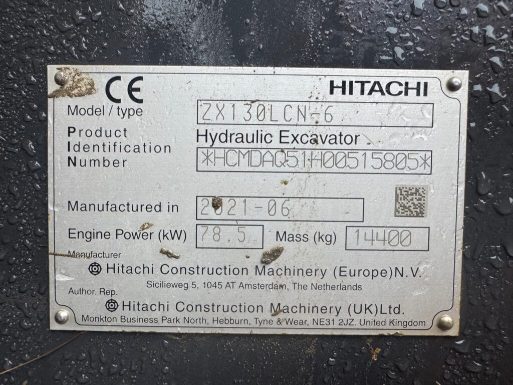 Hitachi ZX130LCN-6 hydraulic excavator identification plate